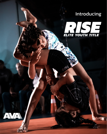Two young athletes in a high-level grappling exchange during a youth jiu-jitsu match at an AVA event. Promotional image for the RISE Elite Youth Title.